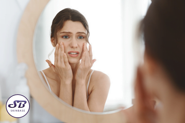 woman examining her skin in the mirror with an unhappy look on her face
